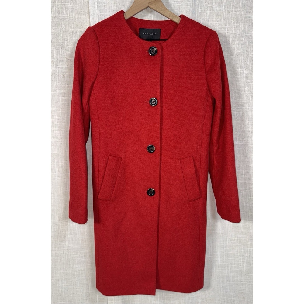 Ann Taylor Red‎ Wool Blend Women's XS Coat Long  Collarless PeaCoat Dress